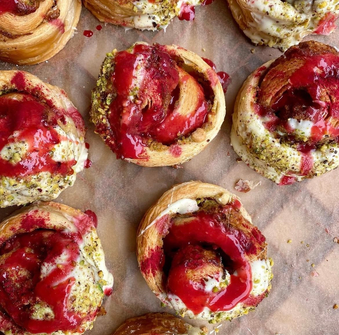 White Chocolate, Raspberry + Pistachio Croissant Swirl