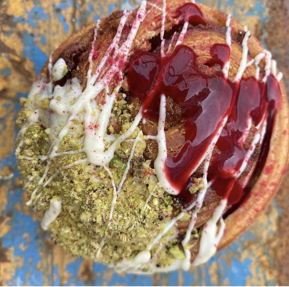 White Chocolate, Raspberry + Pistachio Croissant Swirl